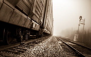 steel train with rails, train, sepia, depth of field, railway HD wallpaper