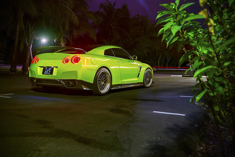 green sports coupe, car, Nissan HD wallpaper