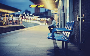 blue metal gang chair on train station HD wallpaper