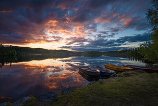 white canoe, sky, nature, boat, water