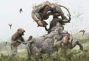 three brown felines illustration, buffalo, science fiction HD wallpaper