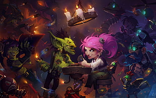 woman in white shirt and pink hair and goblin character illustration HD wallpaper
