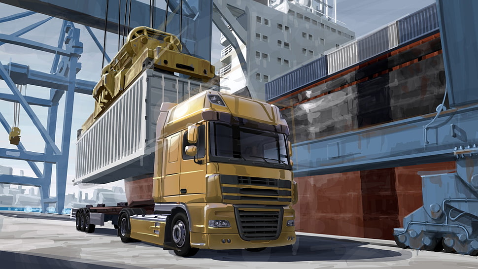 yellow freight truck illustration, euro truck simulator, SCS Software, trucks, video games HD wallpaper