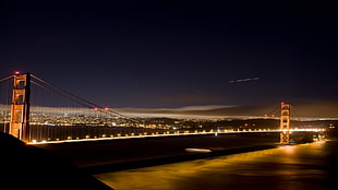 brown suspension bridge, bridge, city, night, architecture HD wallpaper
