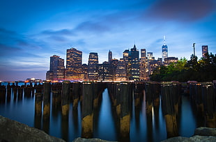 city buildings near on body of water during nighttime HD wallpaper