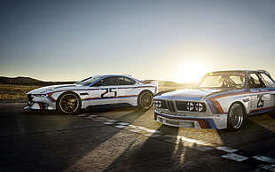 white and black die-cast car, BMW 3.0 CSL, race tracks, car, sunset HD wallpaper