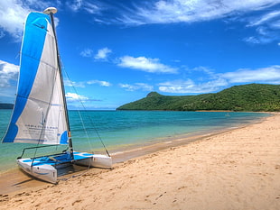 white and blue sail boat on seashore