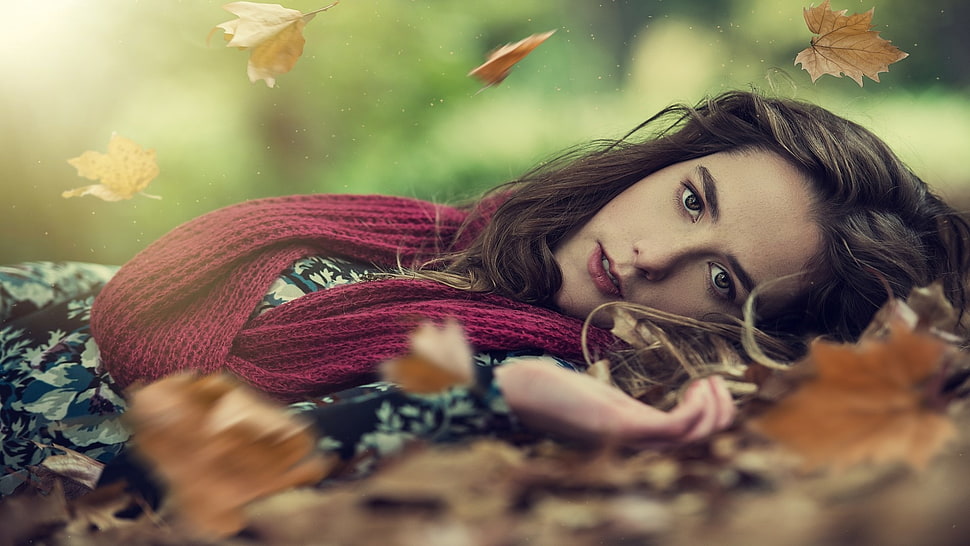 low angle photography of woman laying on leaves HD wallpaper