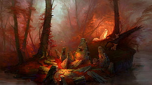 painting of forest with rocks and fox HD wallpaper