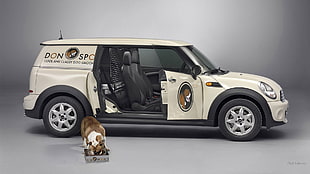 white and black MINI Paceman, Mini Clubvan, MINI Cooper Clubman, dog, Mini Cooper HD wallpaper