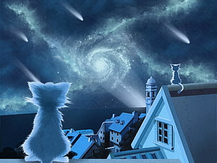 gray cat illustration, cat, nebula, rooftops, space HD wallpaper