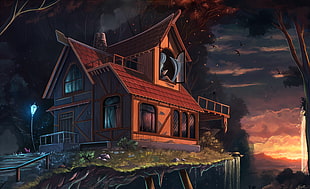 brown wooden house illustration, fantasy art, drawing, cabin, sunset HD wallpaper