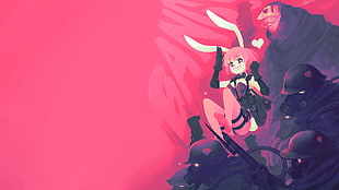 pink and black abstract painting, bunny suit, gas masks, gun, love HD wallpaper