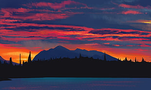 silhouette of trees illustration, landscape, digital art, sunset HD wallpaper