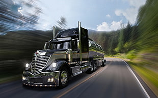 gray freight truck, trucks, Truck, long exposure, road HD wallpaper