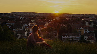 men's gray coat, couple, love, sunset