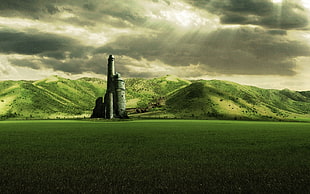 gray tower, castle, digital art, nature, landscape