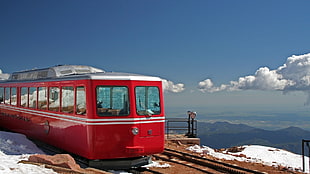 red train, railway, train, nature, clouds