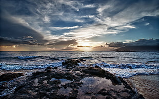 body of water under the blue sky, nature, HDR, sunset, sea HD wallpaper