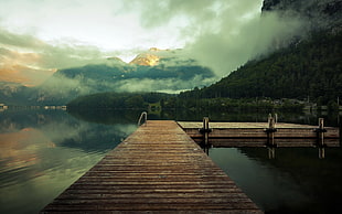 brown river dock, lake, nature, mist, mountains HD wallpaper