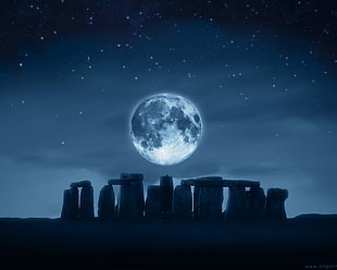 rock formation under moon wallpaper, Stonehenge , digital art, Moon