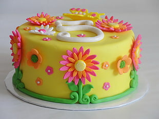 yellow with pink and orange Dahlia flowers accent fondant cake HD wallpaper
