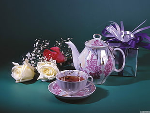 white-and-pink floral ceramic tea set HD wallpaper