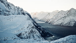 mountain covered with snow, Norway, river, landscape, water HD wallpaper