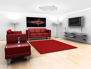 red leather sofa with sofa chair, table, area rug and flat screen TV HD wallpaper