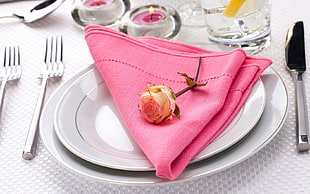 pink table napkin on top of white ceramic plates HD wallpaper
