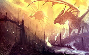 black dragon on wrecked city wallpaper, dragon, fantasy art