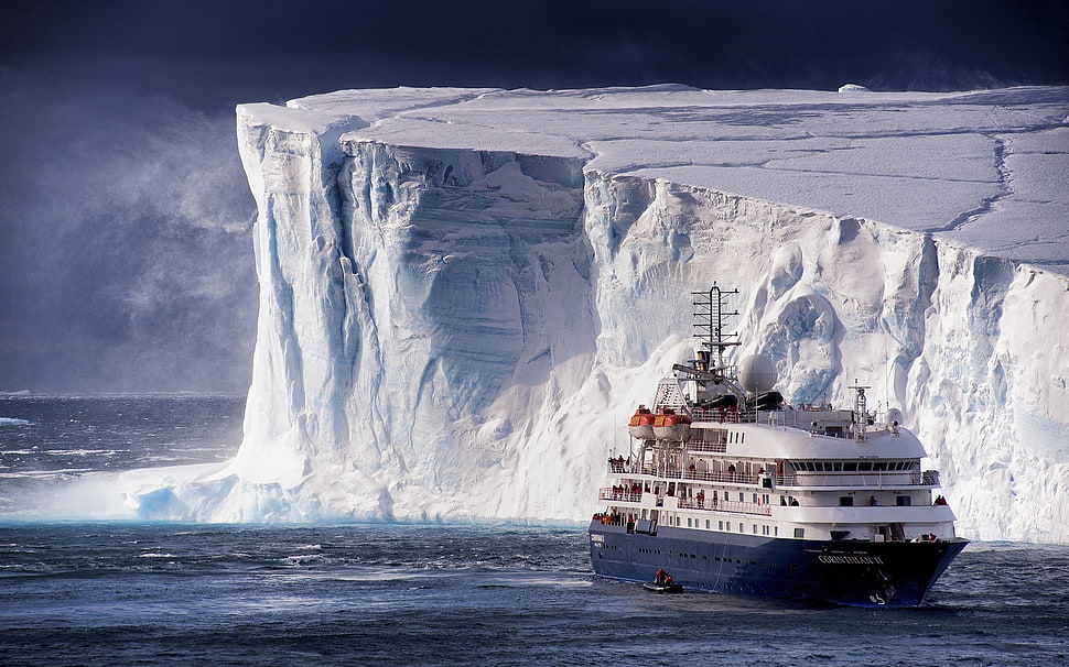 white and black concrete building, ship, iceberg, sea HD wallpaper