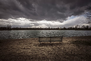 gray wooden bench, bench, water, landscape, clouds HD wallpaper