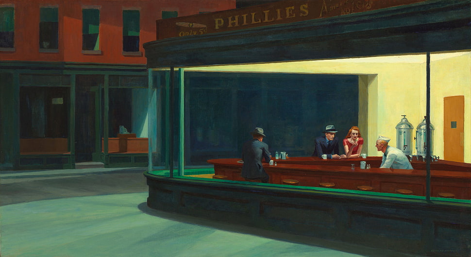 brown wooden framed glass display cabinet, artwork, painting, Nighthawks, Edward Hopper HD wallpaper