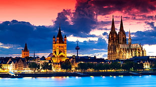 brown and white house near body of water painting, Cologne, Germany, architecture, Gothic architecture