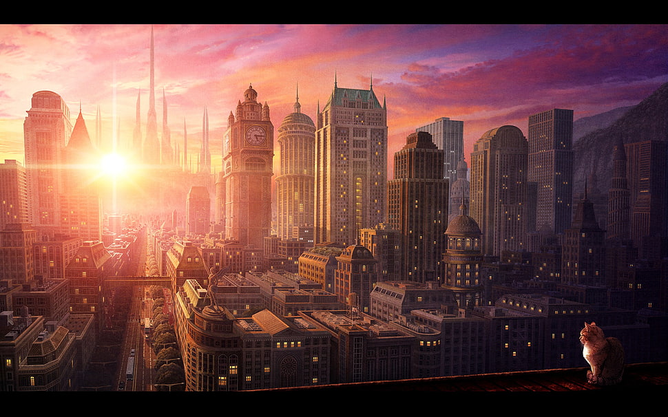 landscape view of city during sunrise HD wallpaper