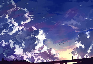 person walking on bridge under clouds illustration, fantasy art, clouds