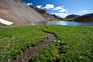 landscape photography of lake surrounded by high mountains under blue sky, cloud peak HD wallpaper