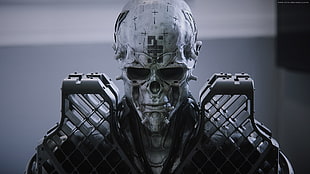 white and gray skull print helmet, science fiction, skull, Armored, robot HD wallpaper