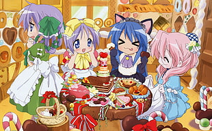 four girls with aprons eating anime character digital wallpaper HD wallpaper