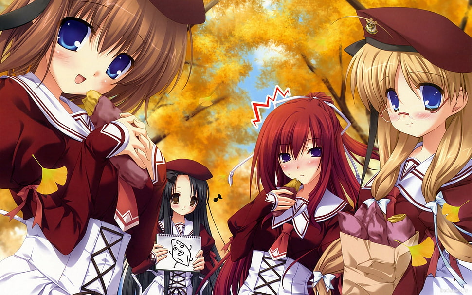 four female anime characters in red and white uniforms HD wallpaper