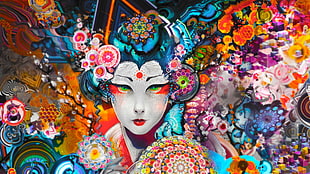 woman painting, colorful, abstract, geisha HD wallpaper