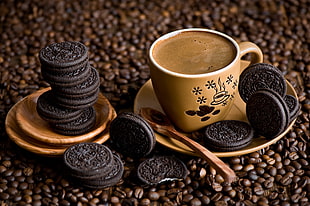 brown ceramic mug and saucer, food, lunch, Oreos, coffee beans