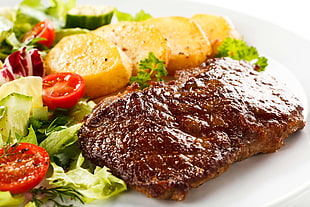 steak with potato and salad on white ceramic plate HD wallpaper