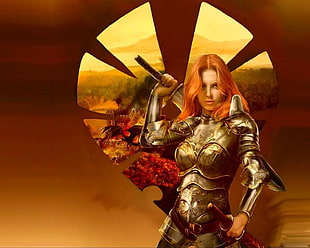 woman with orange hair and silver armor holding sword illustration HD wallpaper