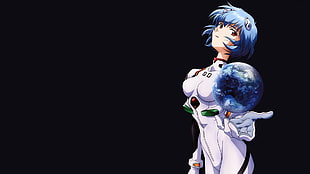 blue haired female anime wearing black suit digital wallpaper, Neon Genesis Evangelion, Ayanami Rei, blue, simple background HD wallpaper