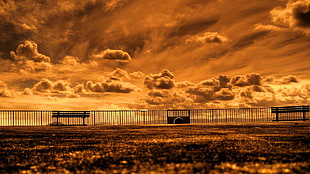 silhouette of bench near of balustrade, clouds, bench, sepia, orange HD wallpaper