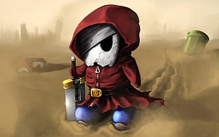 ghost in red suit, Nintendo, Shy Guy, buster sword, desert