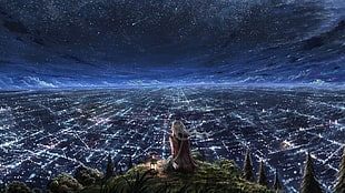 woman in red coat beside lamp on edge of mountain showing city view during nightime HD wallpaper