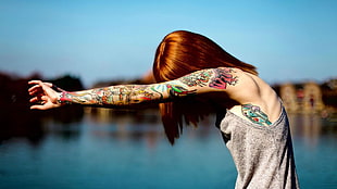 women's gray tank top, tattoo, redhead, tank top, women outdoors HD wallpaper